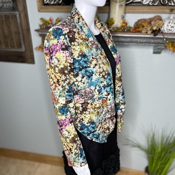 Lush Multi Colored Floral Scallop Hemline Waterfall Neckline Bolero Jacket - Picture 14 of 16
